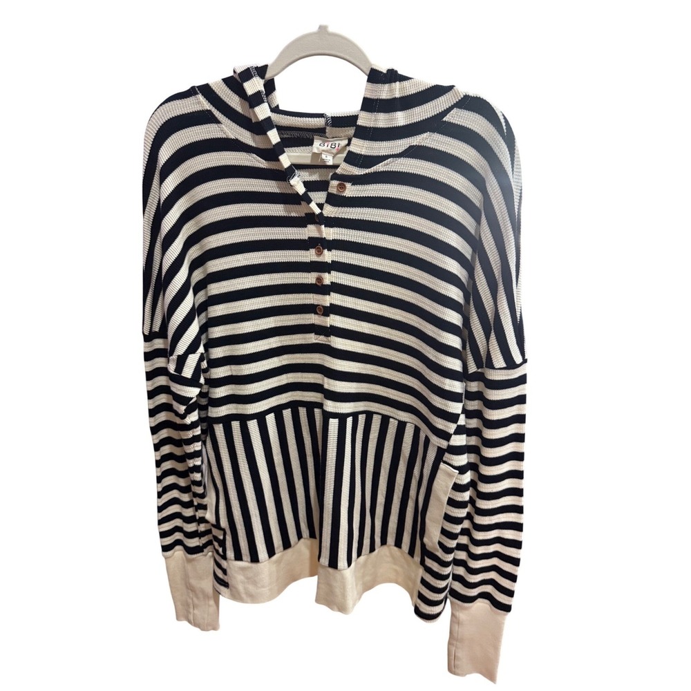 Women's BIBI Black White Striped Waffle Knit Hoodie Henley Small Chic Clothes
